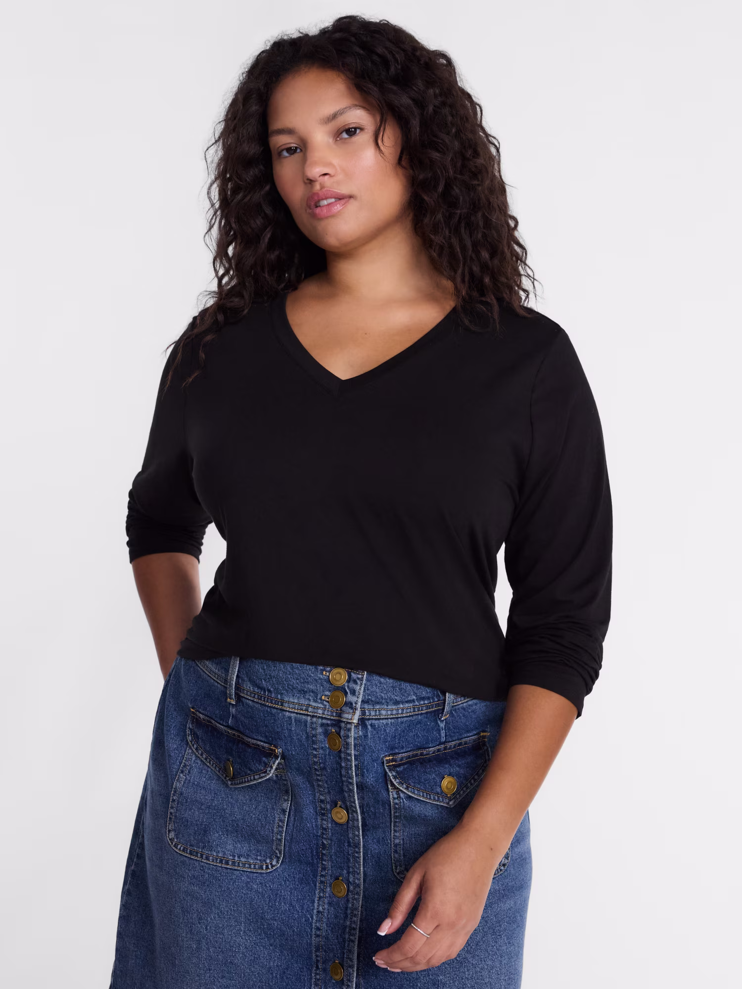 Terra & Sky Women's Plus Size V Neck Tee with Long Sleeves, Size 0X-5X