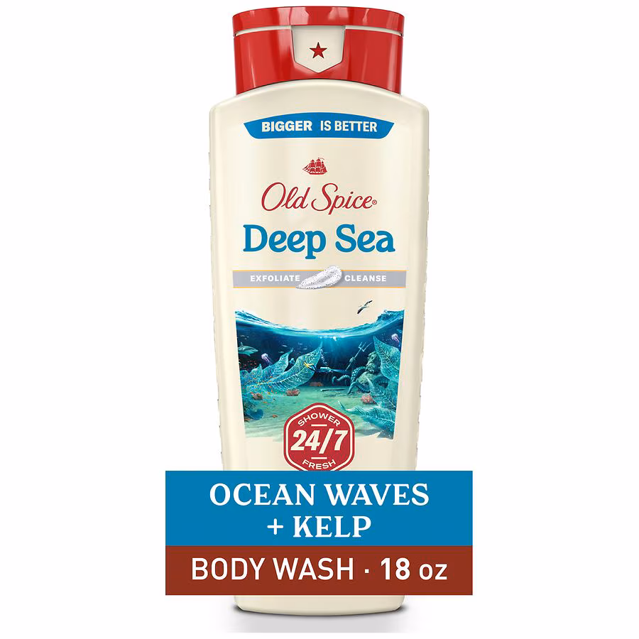 Old Spice Men's Body Wash Deep Cleanse, 24/7 Shower Fresh Deep Sea Minerals, Ocean Waves + Kelp, 18.0 fl oz