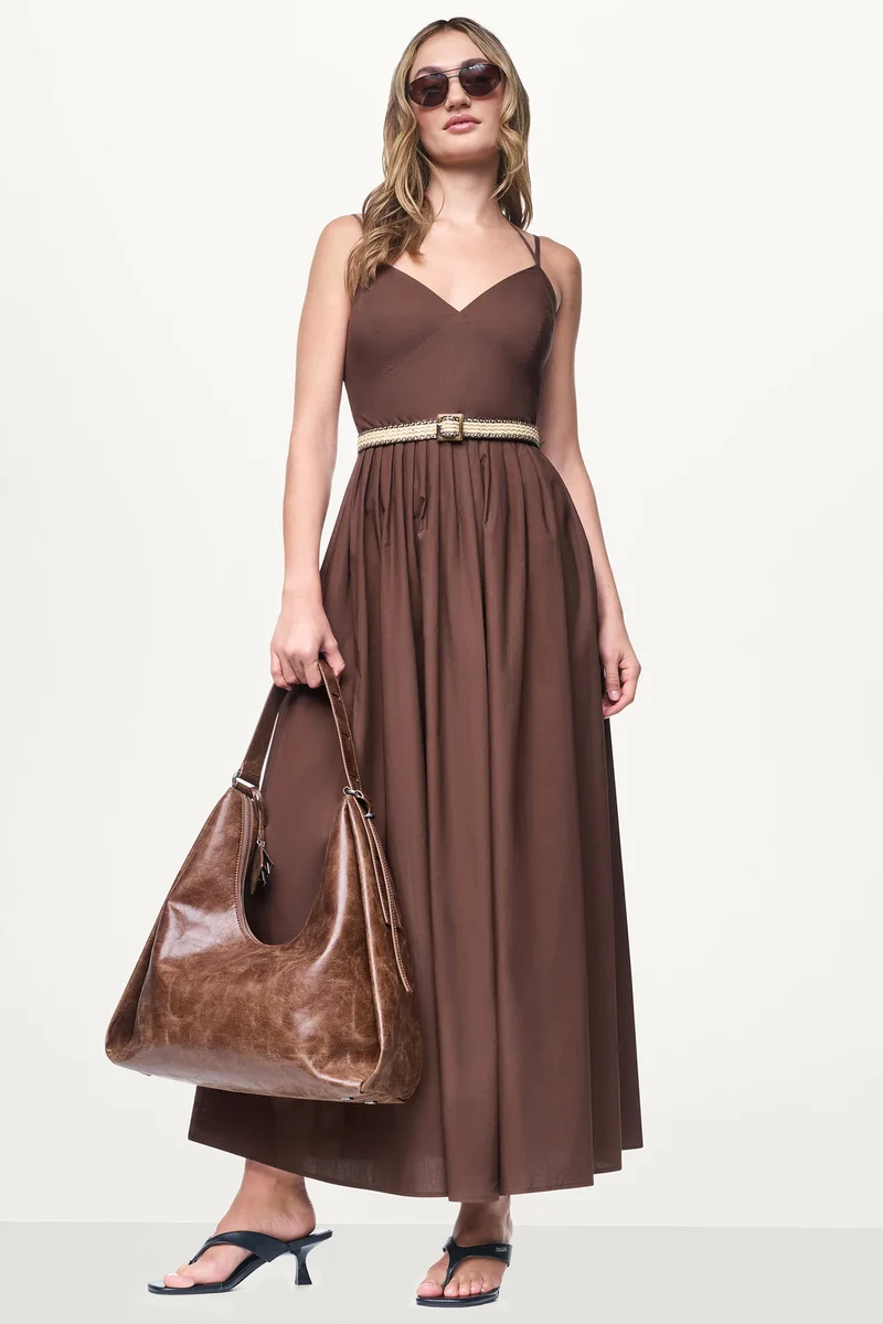 STRAPPY V-NECK MAXI DRESS WITH RAFFIA BELT