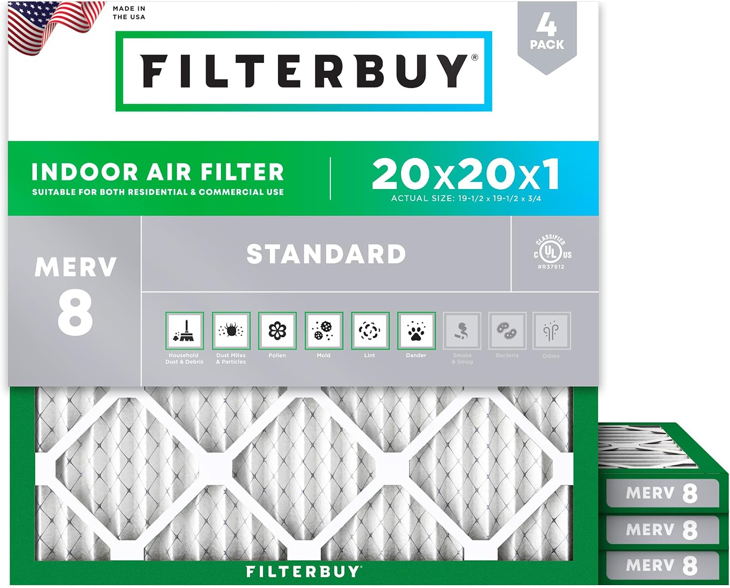 Filterbuy 20x20x1 Air Filter MERV 8 Dust & Allergy Defense (4-Pack) | Electrostatic Pleated HVAC AC Furnace Filters Replacement, Made in USA (Actual Size: 19.50 x 19.50 x 0.75)