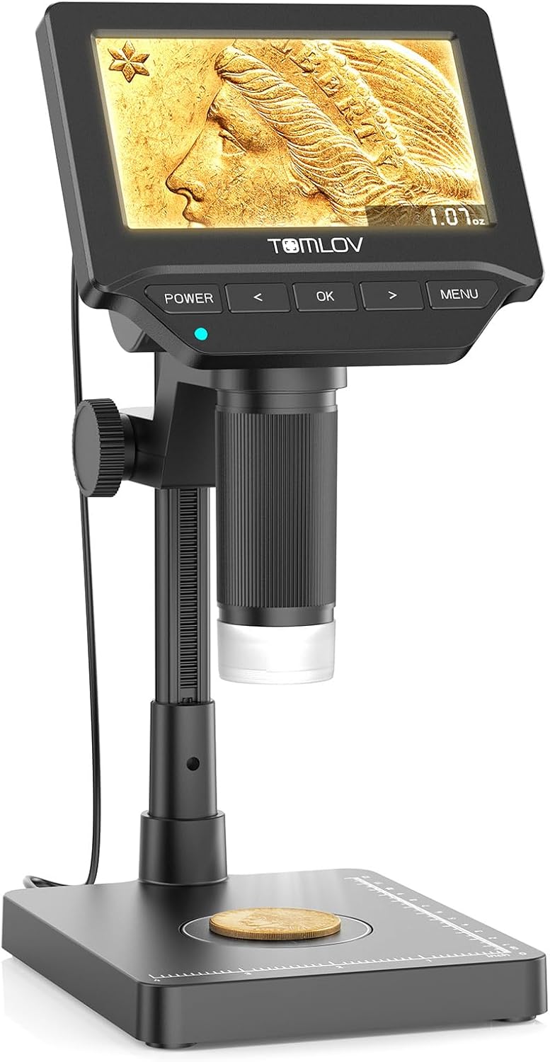 TOMLOV DM4W Microscope with Weighing Scale: 4.3" Digital Coin Magnifier | Error Coin Microscopes with Lights, 8" Tall Stand, IPS Screen For Coin Collectors, Jewelers, Students, Win/Mac Compatible