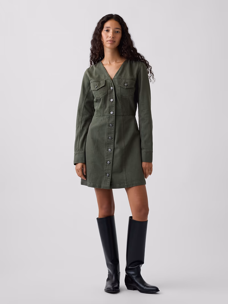 V-Neck Button-Front Mini Dress