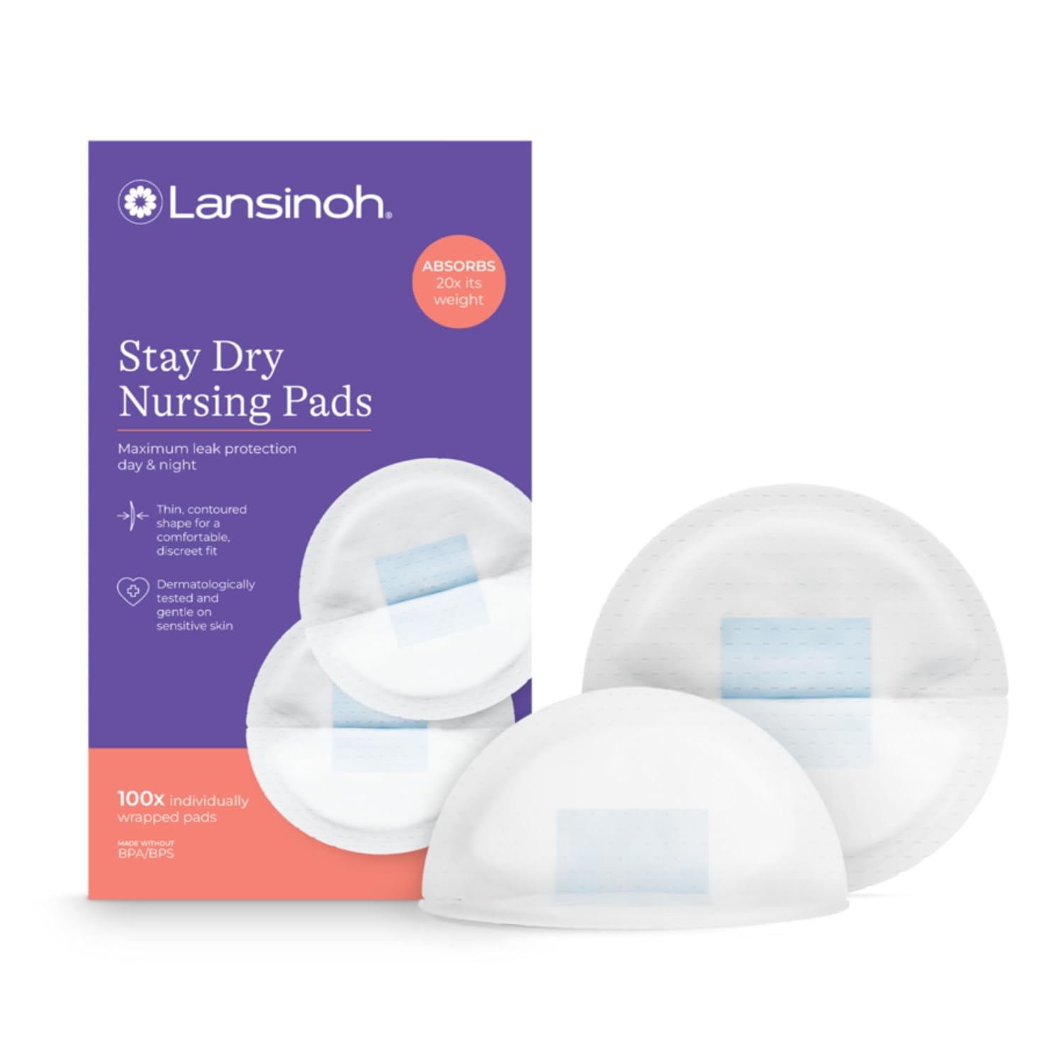 Lansinoh Stay Dry Disposable Nursing Pads, 100 Count | Soft, Super Absorbent, Breast Pads, Breastfeeding Essentials for Moms