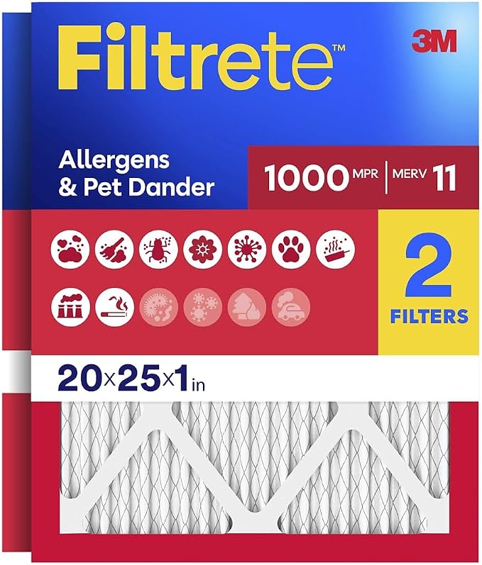 Filtrete 20x25x1 Air Filter, MERV 11, MPR 1000, 2 HVAC Filters | Allergens & Pet Dander, 3-Month AC/Furnace Filters, Cleaner Air, Reliable Airflow, (Act. Size 19.68x24.68x0.81 in)