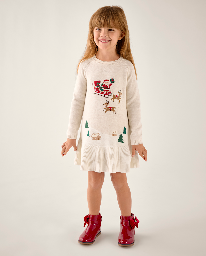 Girls Embroidered Holiday Scene Peplum Sweater Dress - Tartan Remix