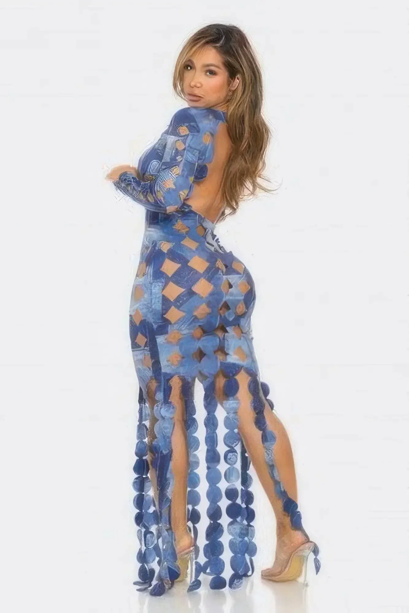 Denim Print Sexy Cut Out Maxi Dress
