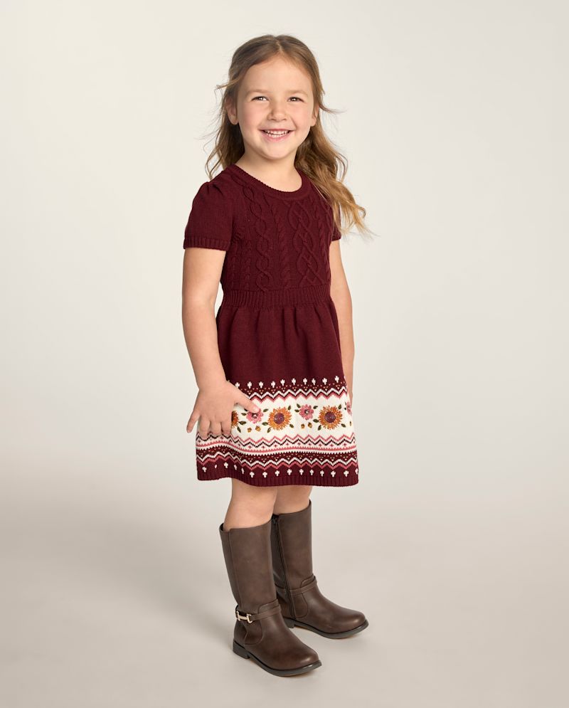 Girls Embroidered Floral Fairisle Sweater Dress - The Harvest Edit