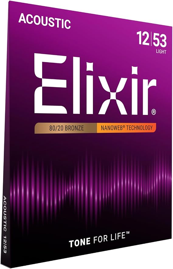 Elixir, Acoustic Guitar Strings, 80/20 Bronze, NANOWEB, 6-String, 12-53 | Light 12-53, 80/20 Bronze with NANOWEB Technology, Longest-Lasting Bright and Focused Tone For Life with Comfortable Feel