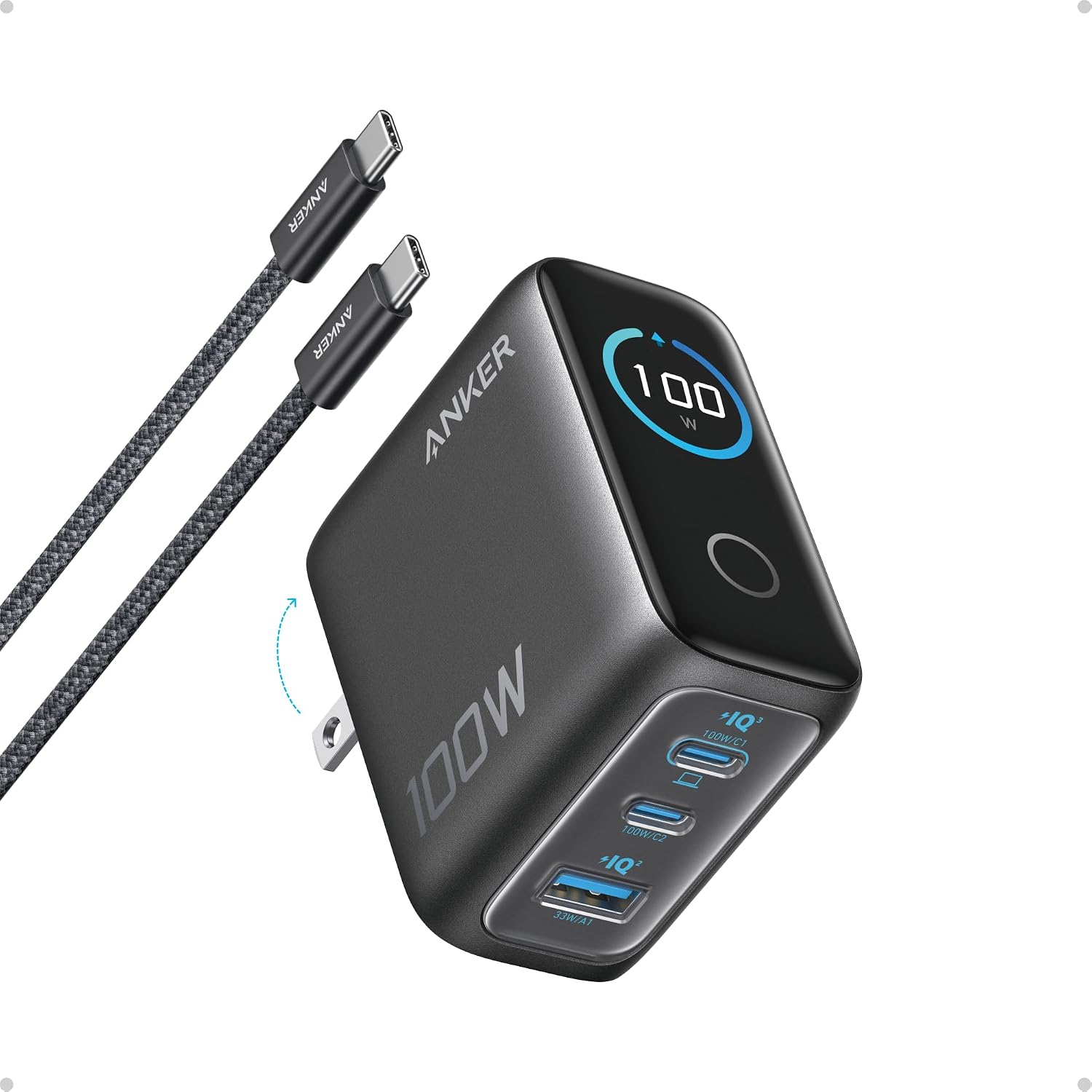 Anker 100W Max USB C Charger, 3-Port GaN Phone Charger with Smart Display | Ultra-Compact Fast Laptop Charger with Touch Control for iPhone 18 Pro/17 ,iPad,MacBook Pro/Air(Include Cable,Non-Battery)