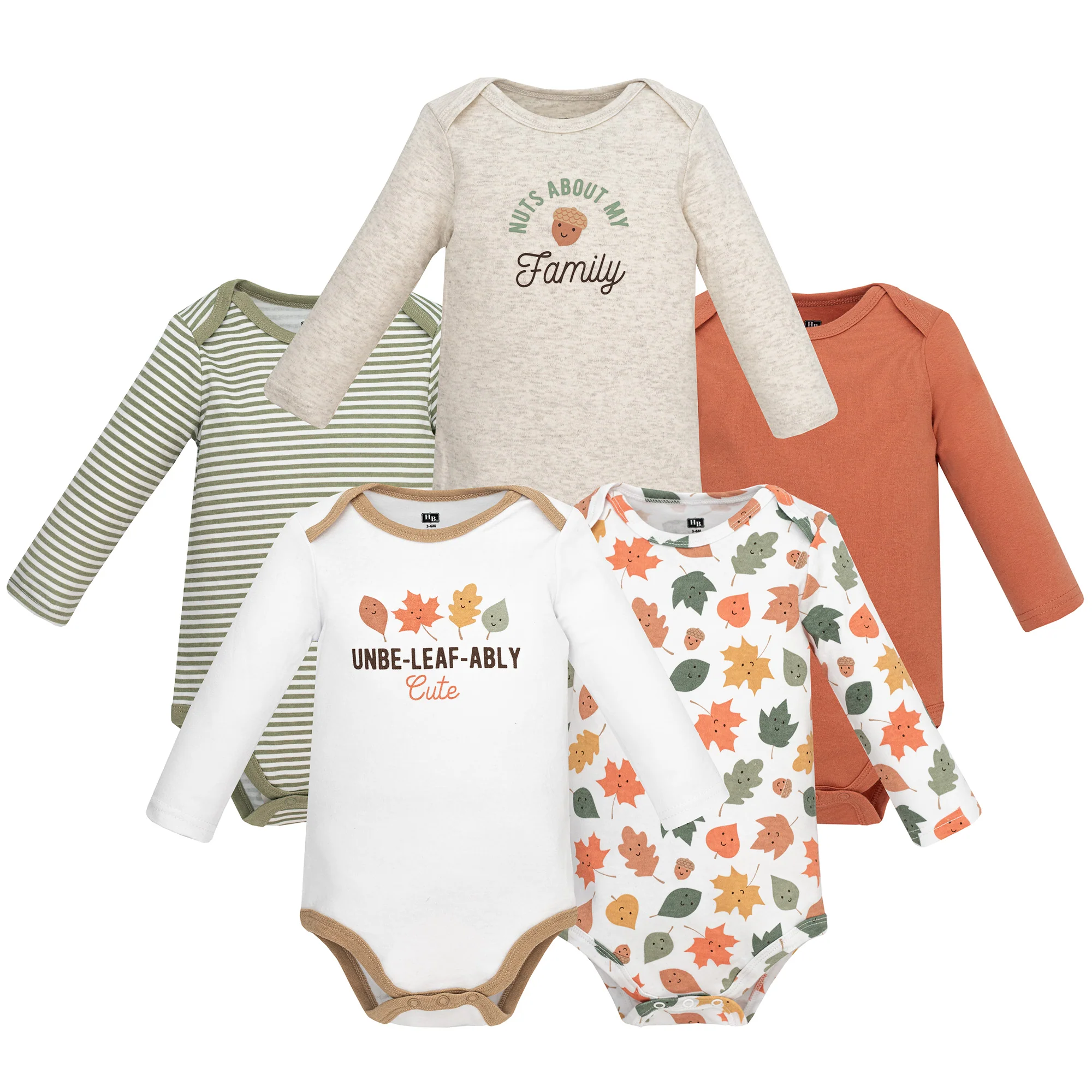 Hudson Baby Unisex Baby Cotton Long-Sleeve Bodysuits 5-Pack, Cute Leaves