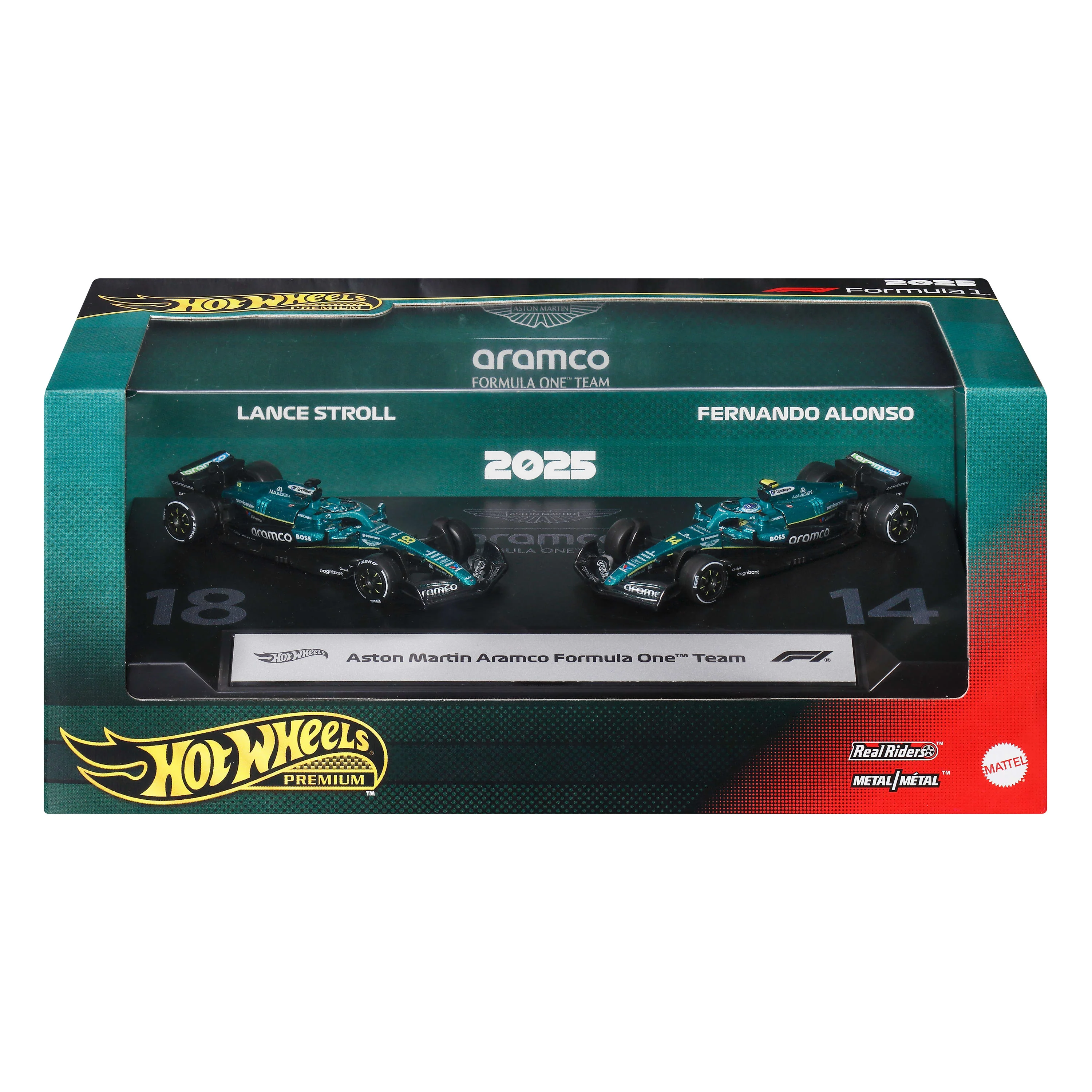 Hot Wheels Premium Aston Martin Aramco Formula One Team 2-Pack With Stroll & Alonso Racecars