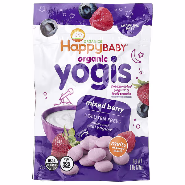 Happy Family Organics, Happy Baby®, Organic Yogis, Freeze Dried Yogurt & Fruit Snacks, Crawling Baby, Mixed Berry, 1 oz (28 g)