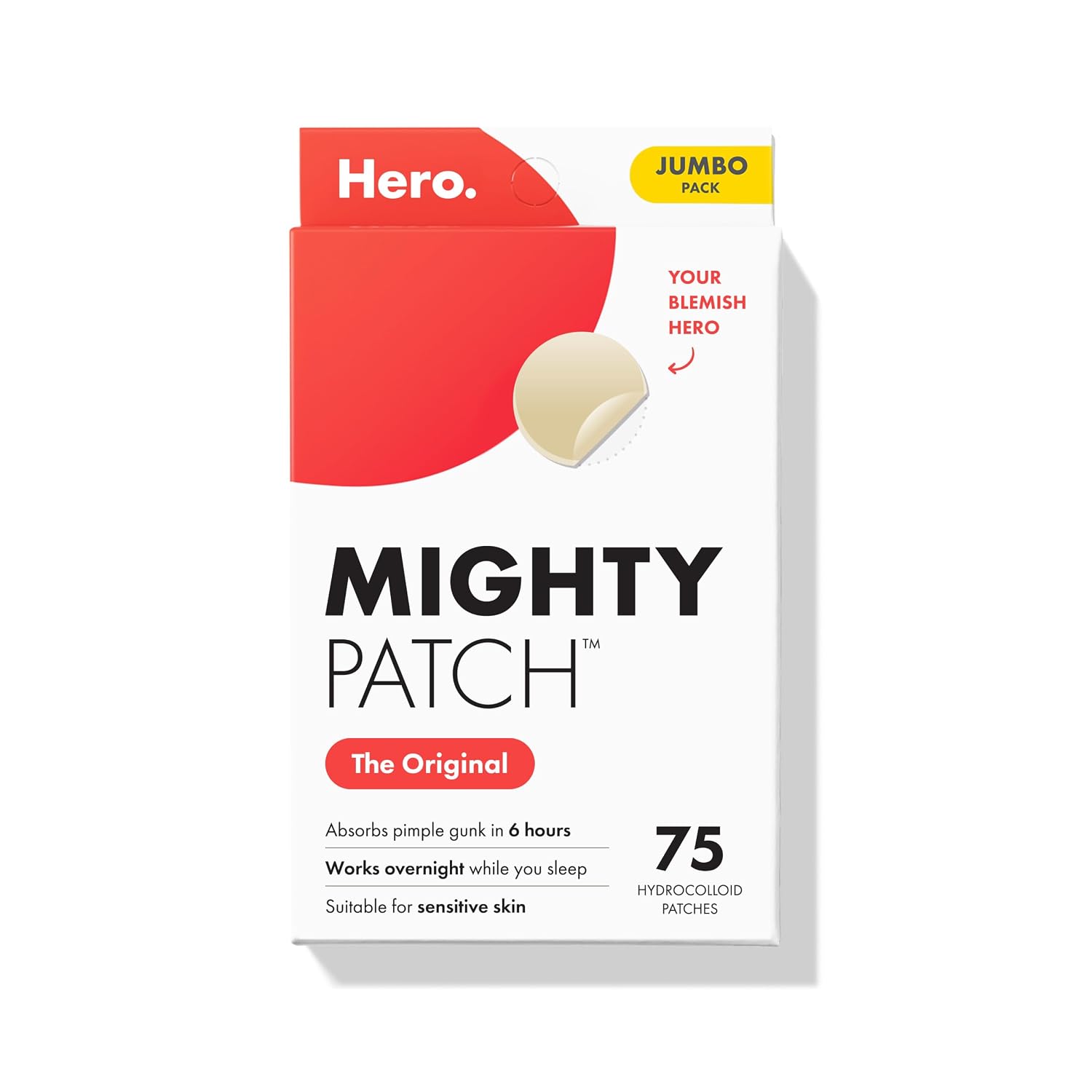 Mighty Patch Hero Cosmetics Original Nighttime Acne Pimple Patches, 75 Ct | #1 Hydrocolloid Acne Patches, Shrinks Zits & Whiteheads in 1 Use, Spot Treatment Pimple Stickers for Face, Korean Skincare