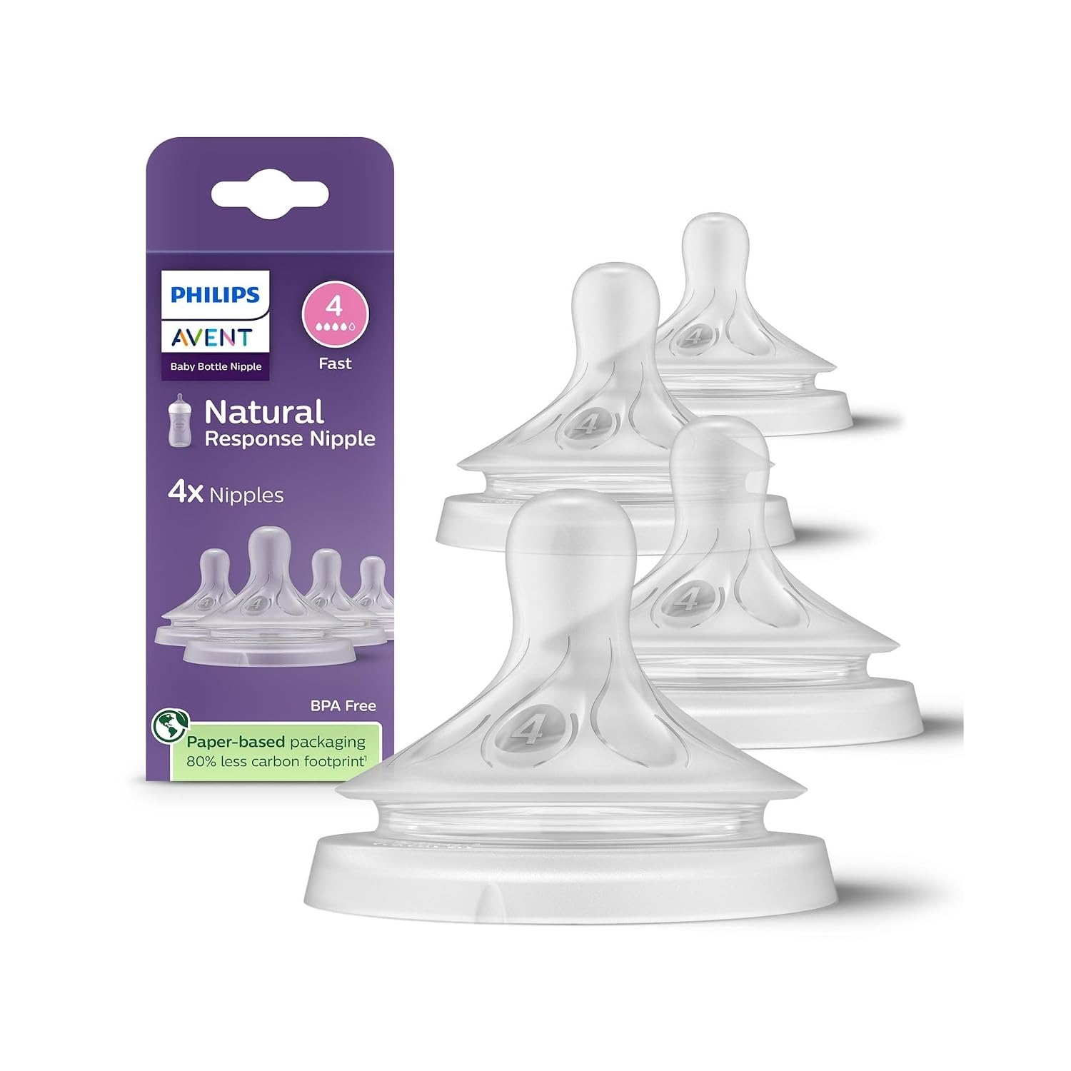 Philips Avent Natural Response Nipples, Fast Flow, 4-Pack | Baby-Controlled Flow, No-Drip Design, Anti-Colic Valve, Wide Breast-Shaped Nipple, BPA-Free, 4-Pack, SCY964/44