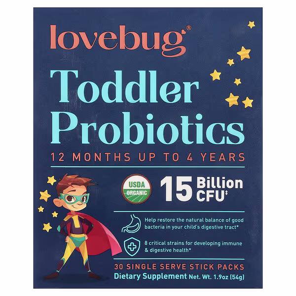 LoveBug Probiotics, Toddler Probiotics, 12 Months Up To 4 Years, 15 Billion CFU, 30 Single Serve Stick Packs, 0.06 oz (1.8 g) Each