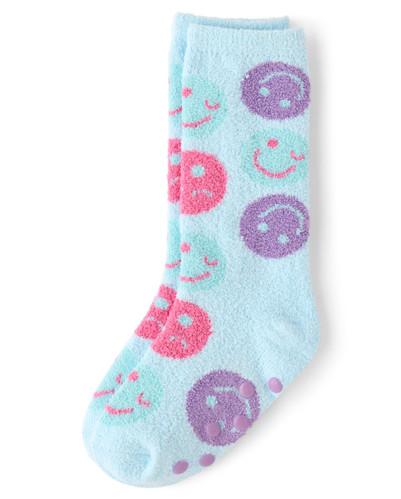 Girls Happy Face Cozy Socks - blue