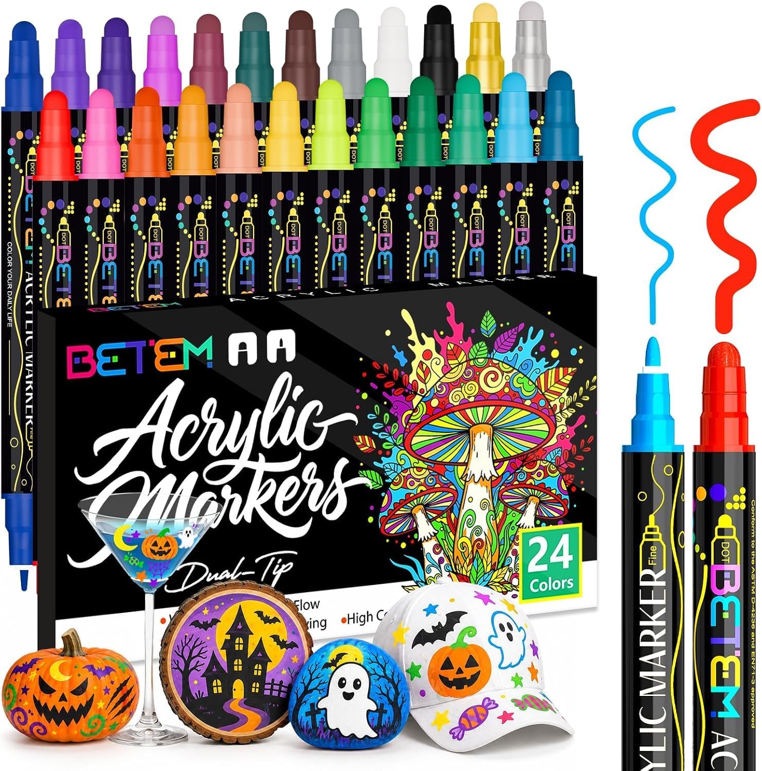 Betem 24 Colors Dual Tip Acrylic Paint Markers, Fabric Decorating Kits | Acrylic Paint Pens Art Supplies for Fabric, Rock, Wood, Glass, Canvas, Ceramic, Pumpkin Painting Kit & Halloween Crafts