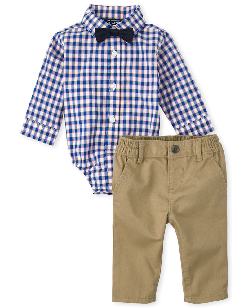 Baby Boys Long Sleeve Gingham Print Poplin Button Down Bodysuit And Woven Chino Pants 2-Piece Set