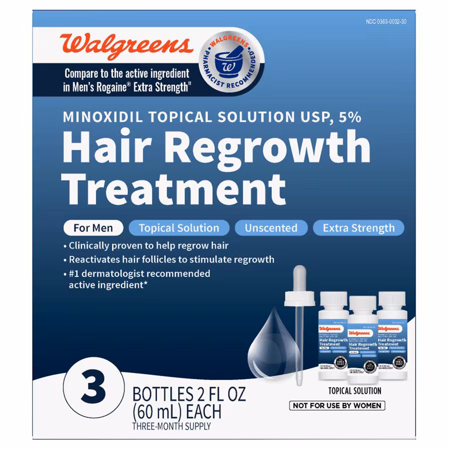 Walgreens Extra Strength Minoxidil Topical Solution Hair Regrowth Treatment For Men Unscented, 2.0 fl oz, 3 pack