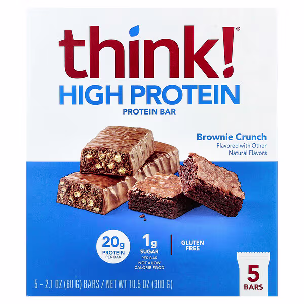 Think !, High Protein Bars, Brownie Crunch, 5 Bars, 2.1 oz (60 g) Each