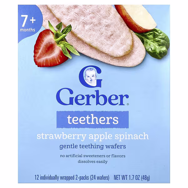 Gerber, Teethers, Gentle Teething Wafers, 7+ Months, Strawberry Apple Spinach, 12 Individually Wrapped 2-Packs, 0.14 oz (4 g) Each