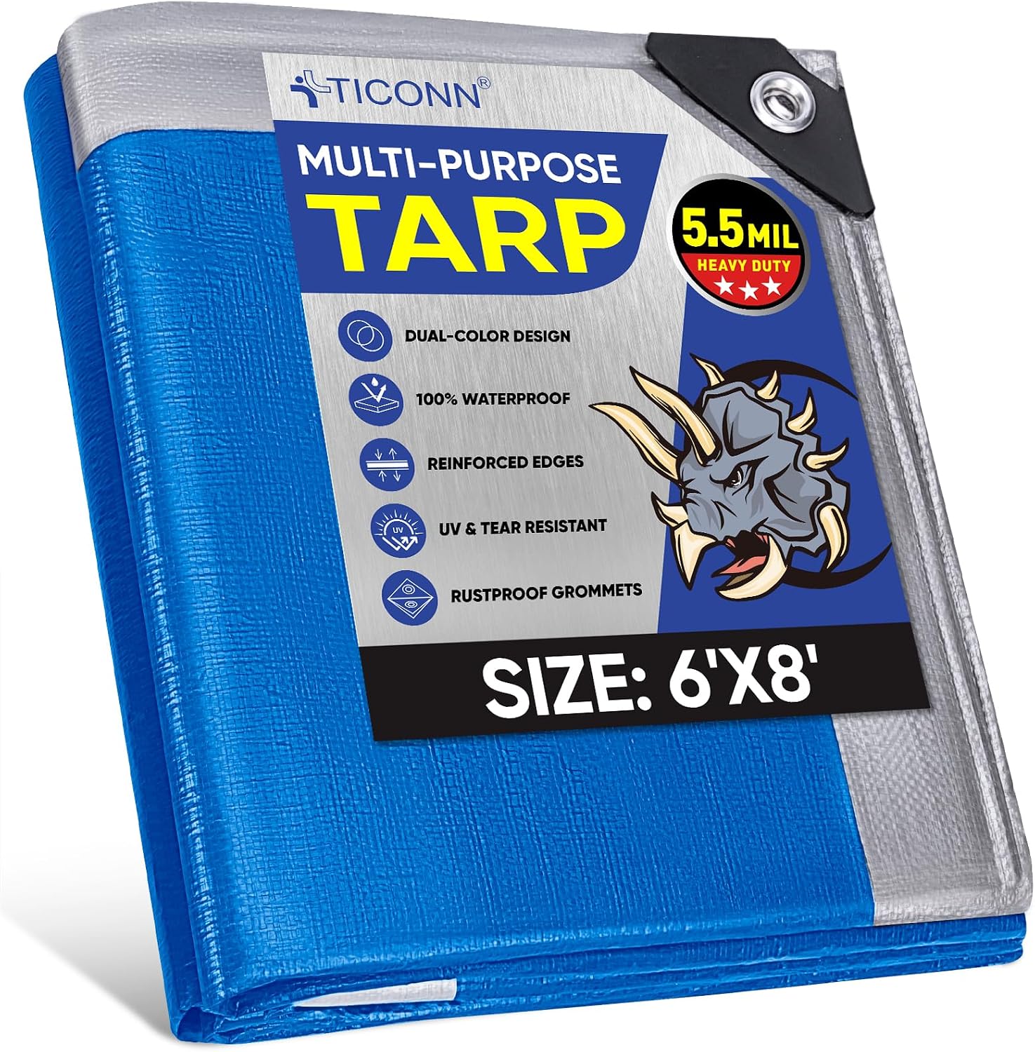 TICONN Heavy Duty Tarp Cover Waterproof, Extra Thick UV Resistant Tarpaulin | 5.5 Mil-6'x8', Double-Sided Tear-Resistant Material, Reinforced Corners, Rust-Resistant Grommets, for Camping, Car, Outdoor