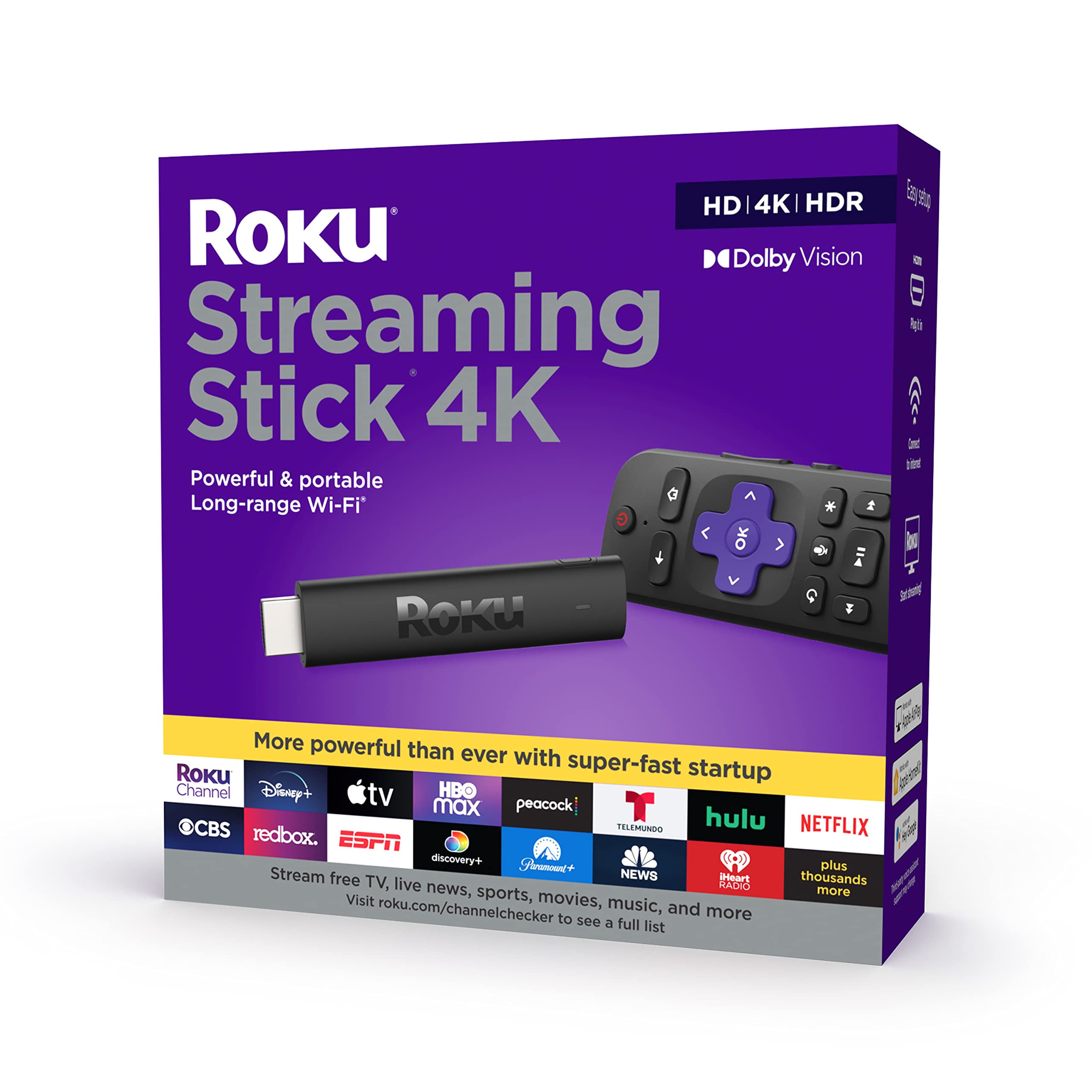 Roku Streaming Stick 4K with Voice Remote - HDR10+ & Dolby Vision | Compact 4K Streaming Device for TV with Roku Voice Remote & Long-Range Wi-Fi - Free & Live Local News, Sports