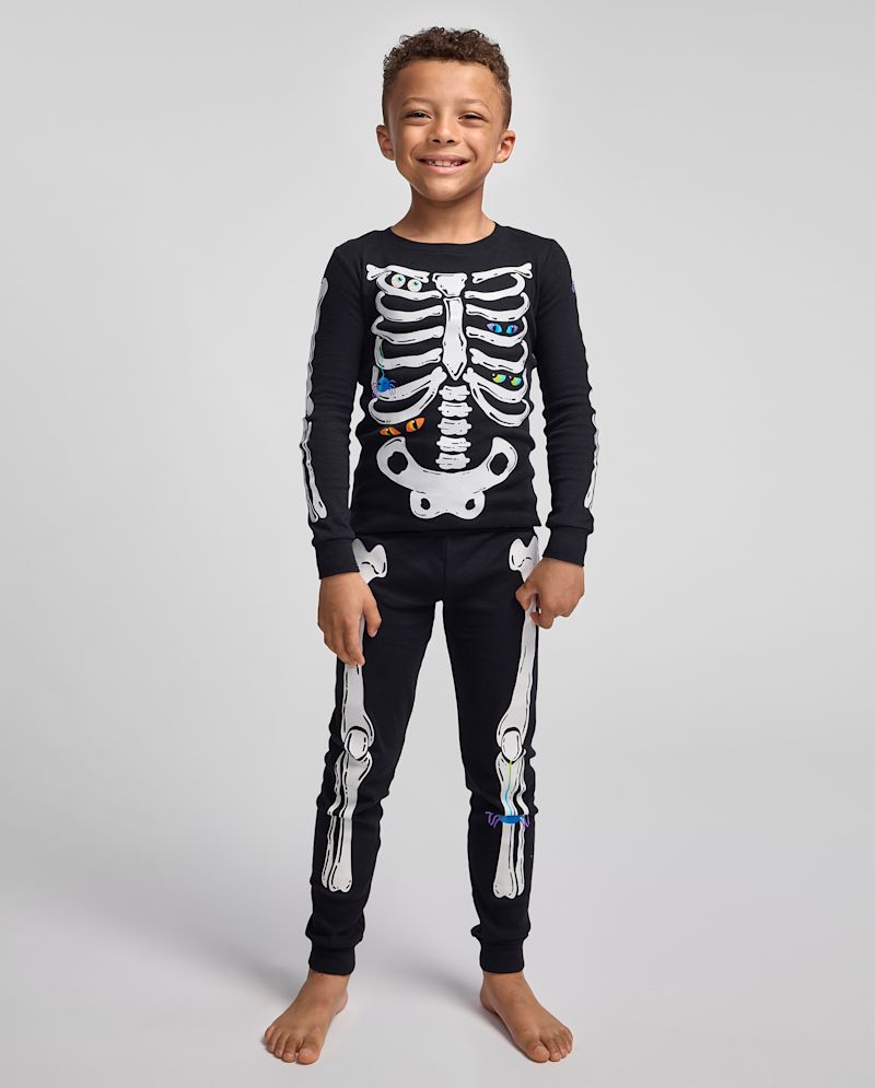 Kids Glow Skeleton Snug Fit Cotton Pajamas - black