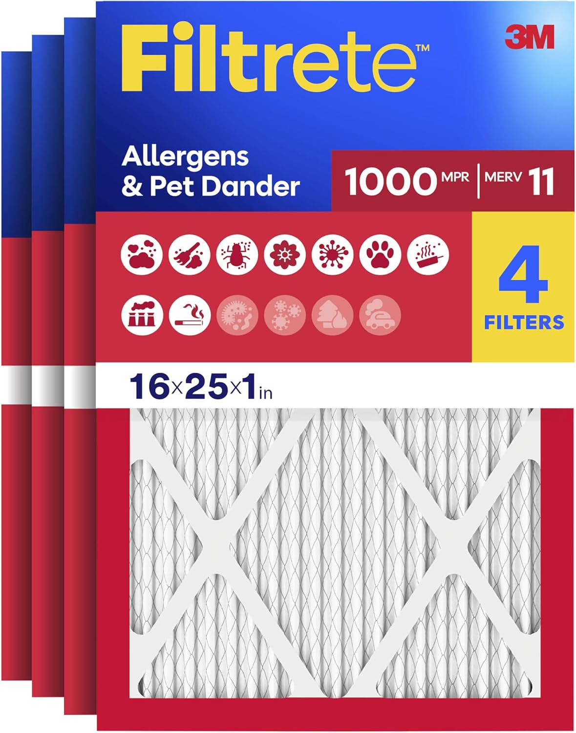 Filtrete 16x25x1 Air Filter, MERV 11, MPR 1000, 4 HVAC Filters | Allergens & Pet Dander, 3-Month AC/Furnace Filters, Cleaner Air, Reliable Airflow, (Act. Size 15.68x24.68x0.81 in)