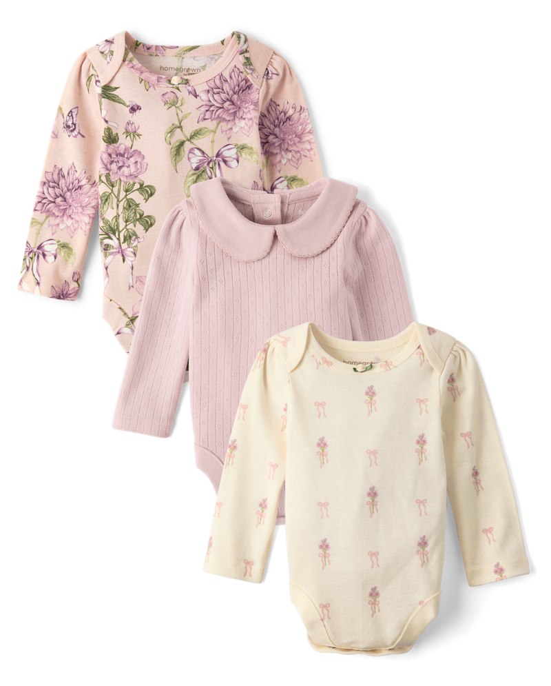 Baby Girls Long Sleeve Floral Bodysuit 3-Pack