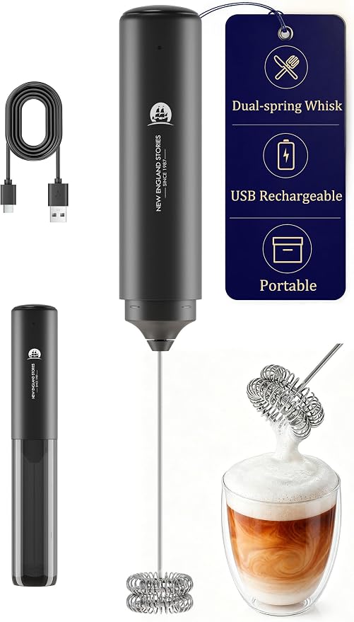 New England Stories Handheld Rechargeable Milk Frother Wand | Rich Foam in Seconds, 2-IN-1 Dual Spring Whisk, Travel Cover included, Perfect Drink Mixer for Lattes & More