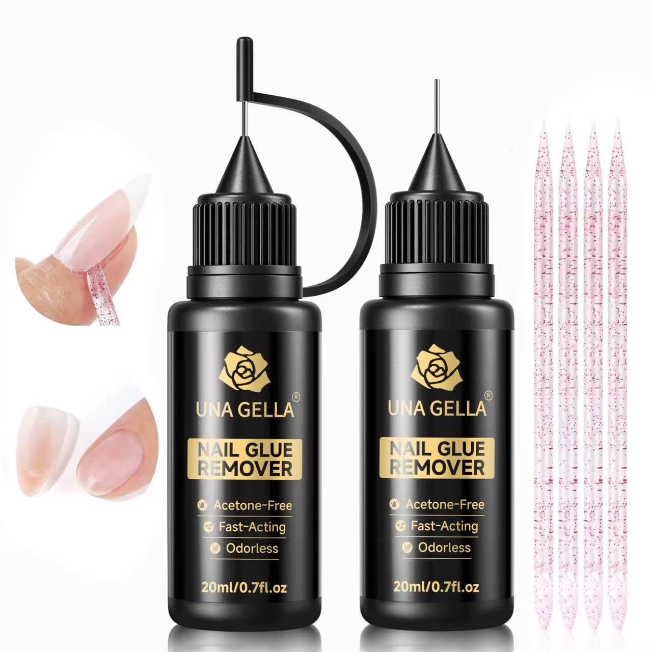 Limited-time deal: UNA GELLA 20ml*2PCS Nail Glue Remover for Press on, Multi-Functional Pinpoint Glue Remover Fast Removal Gentle Non-Acetone with Crystal Sticks for Nails Polish False Acrylic Nail Tips Home DIY
