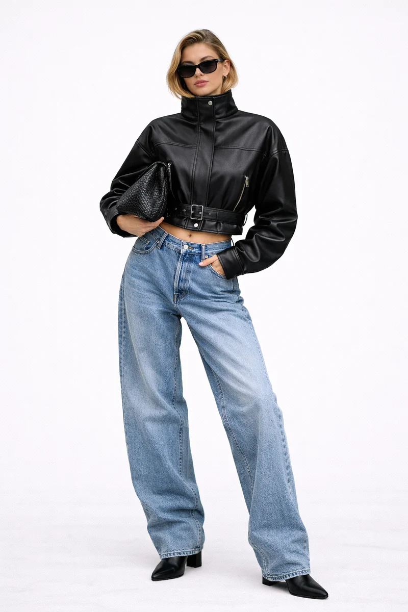 Faux Leather Belted Cropped Jacket